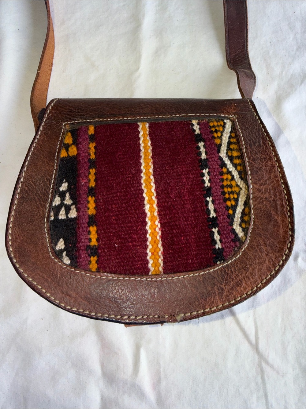 Handcrafted Brown Leather Crossbody Bag with Burgundy Woven Accent